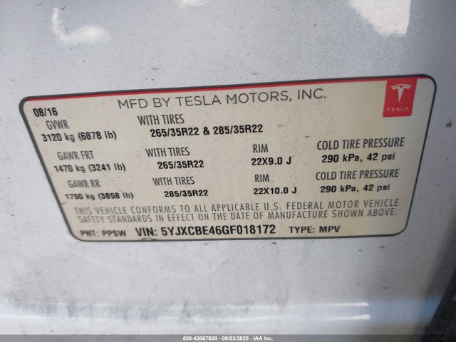 2016 TESLA MODEL X 5YJXCBE46GF018172 Photo 8