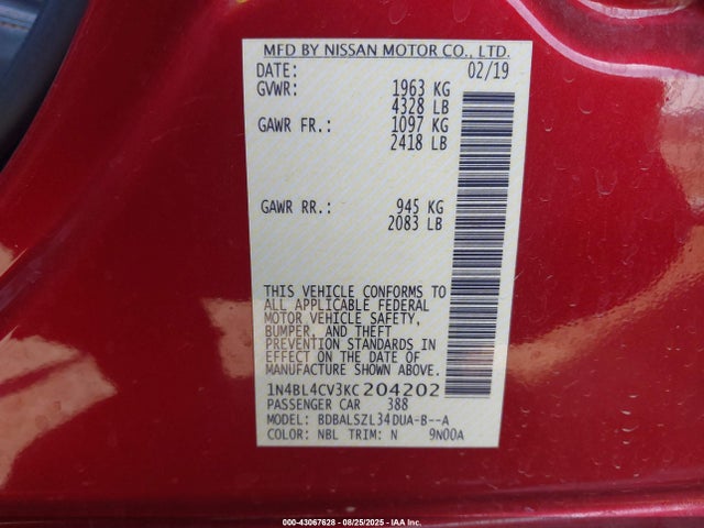 Nissan 2019 2019 1N4BL4CV3KC204202 Image 9