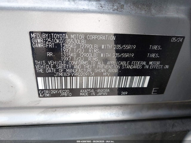 JTMEB3FV9RD209134 Toyota a25a-fxs
