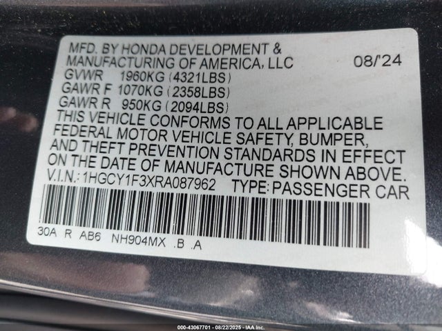1HGCY1F3XRA087962 Honda l15be