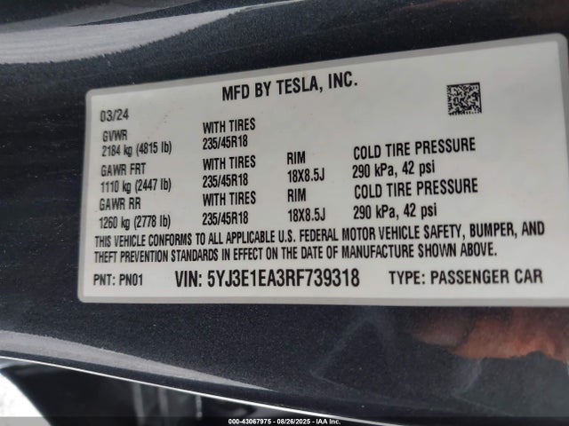 Aukcja sprzedaży 2024 Tesla Model 3 Long Range Dual Motor All-wheel Drive/rear-wheel Drive, vin: 5YJ3E1EA3RF739318, numer aukcji: 43067975