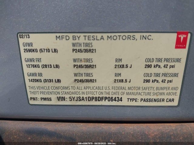 2013 TESLA MODEL S 5YJSA1DP8DFP06434 Photo 8