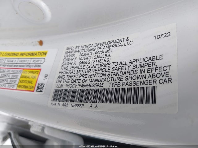 Honda l15be 2022 1HGCV1F49NA095935 Image 9