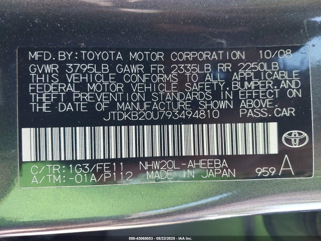 Auction sale of the 2009 Toyota Prius, vin: JTDKB20U793494810, lot number: 43068053