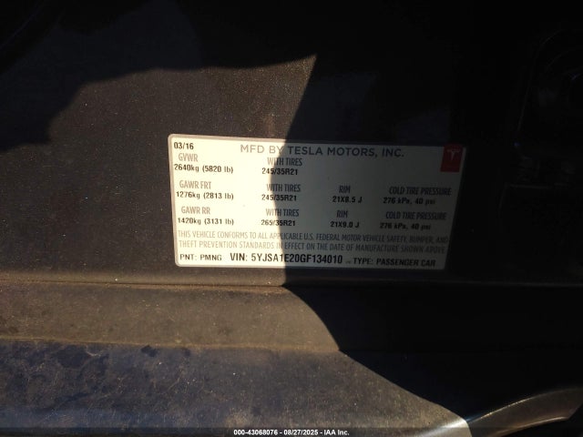 2016 TESLA MODEL S 5YJSA1E20GF134010 Photo 8