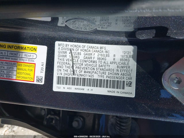 Honda l15b7 2022 2HGFE1F92NH311425 Image 9