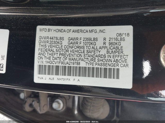 1HGCV1F90JA219788 Honda l15be