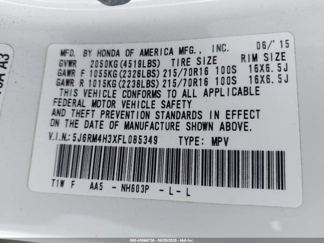 Honda k24w9 2015 5J6RM4H3XFL085349 Image 9