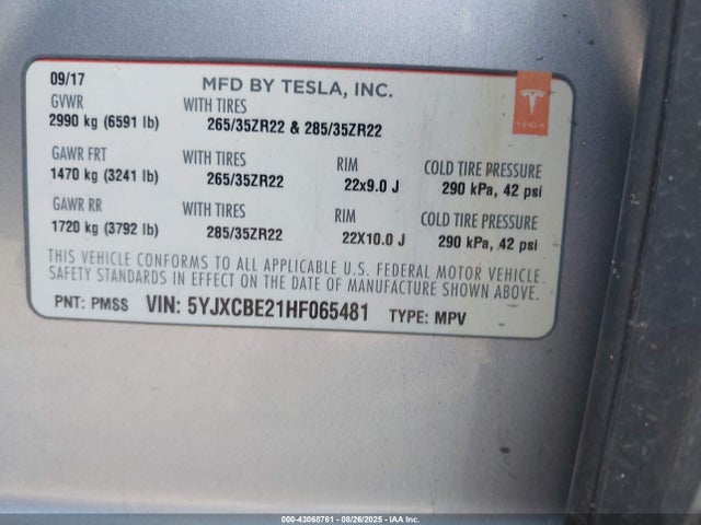 Aukcja sprzedaży 2017 Tesla Model X 100d/75d/90d, vin: 5YJXCBE21HF065481, numer aukcji: 43068761
