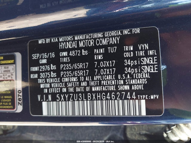 5XYZU3LBXHG462744 Hyundai gdi theta ii
