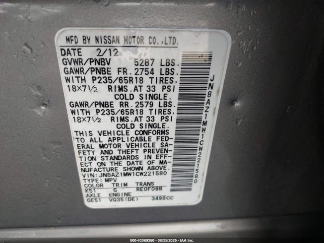 2012 NISSAN MURANO JN8AZ1MW1CW221580 Photo 8