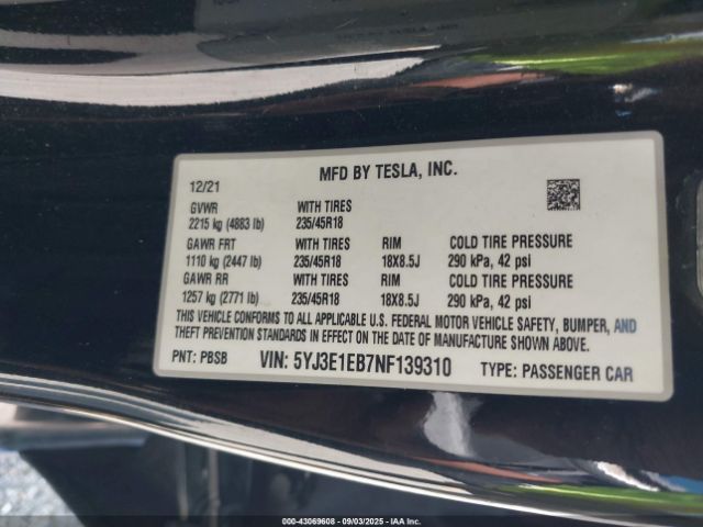 2022 TESLA MODEL 3 5YJ3E1EB7NF139310 Photo 8