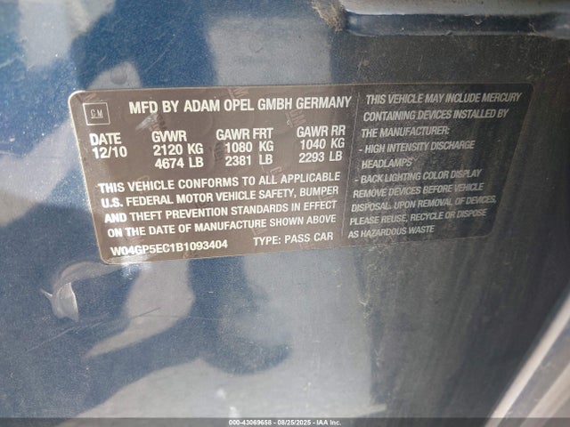 Aukcja sprzedaży 2011 Buick Regal Cxl Russelsheim, vin: W04GP5EC1B1093404, numer aukcji: 43069658