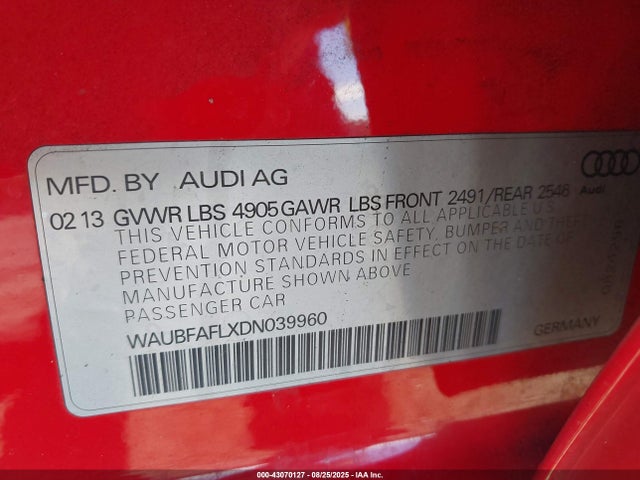 2013 AUDI A4 WAUBFAFLXDN039960 Photo 8