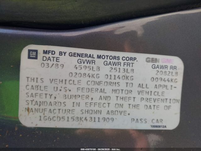 1989 CADILLAC DEVILLE 1G6CD5158K4311909 Photo 8