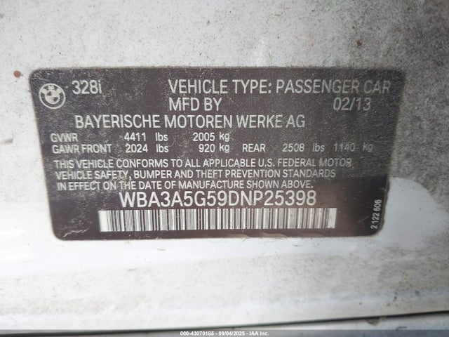 Aukcja sprzedaży 2013 Bmw 328i, vin: WBA3A5G59DNP25398, numer aukcji: 43070185