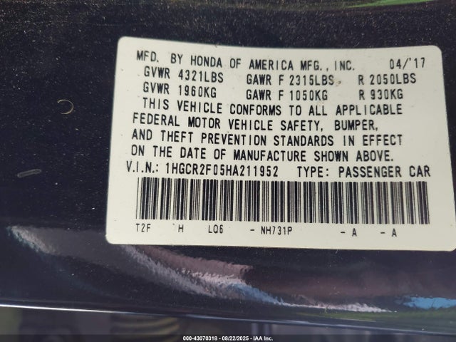 1HGCR2F05HA211952 Honda k24w1