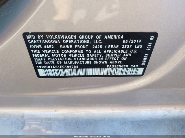 Volkswagen Passat 2014 1VWCN7A31EC106704 Image 9