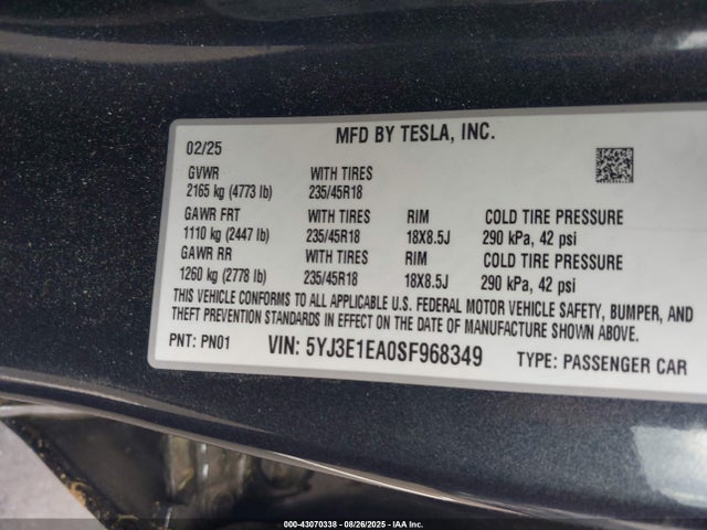 2025 TESLA MODEL 3 5YJ3E1EA0SF968349 Photo 8