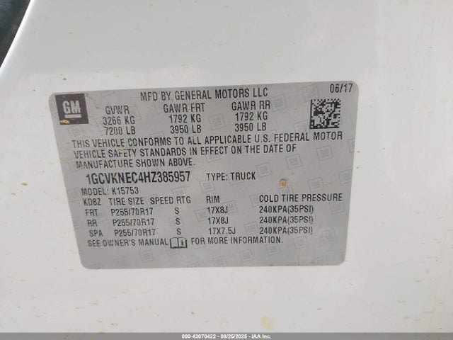 1GCVKNEC4HZ385957 Chevrolet l83 - sidi: spark ignited direct injection, vvt: variable valve timing, afm, e85 max, alum