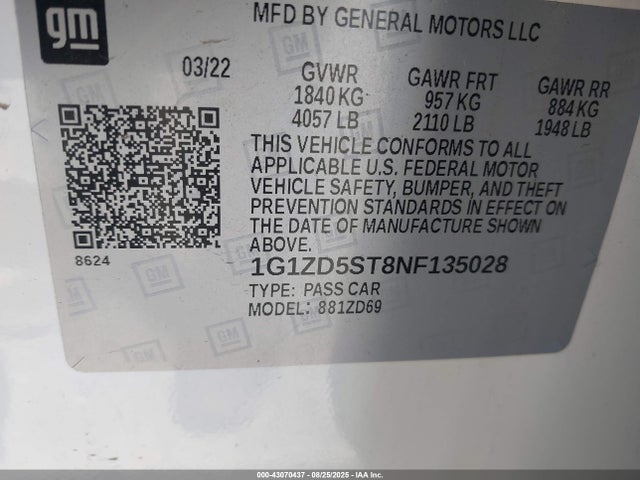 1G1ZD5ST8NF135028 Chevrolet lfv - direct injection, variable valve timing, gen 1 gmna