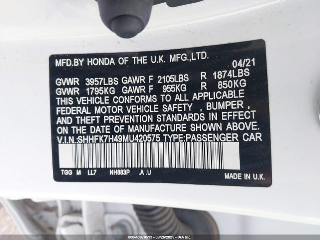 Honda l15ba 2021 SHHFK7H49MU420575 Image 9