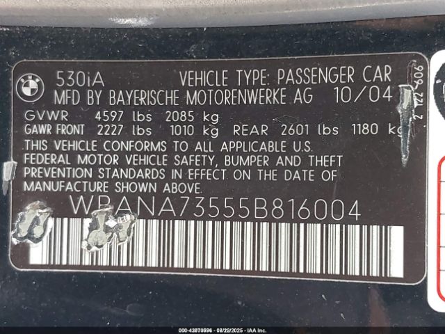 2005 BMW 530I WBANA73555B816004 Photo 8