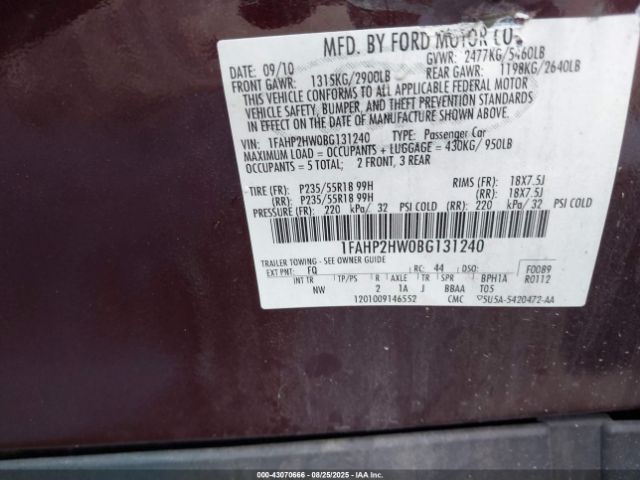 2011 FORD TAURUS 1FAHP2HW0BG131240 Photo 8