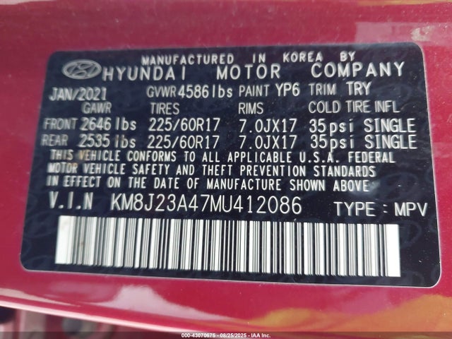 KM8J23A47MU412086 Hyundai gdi nu