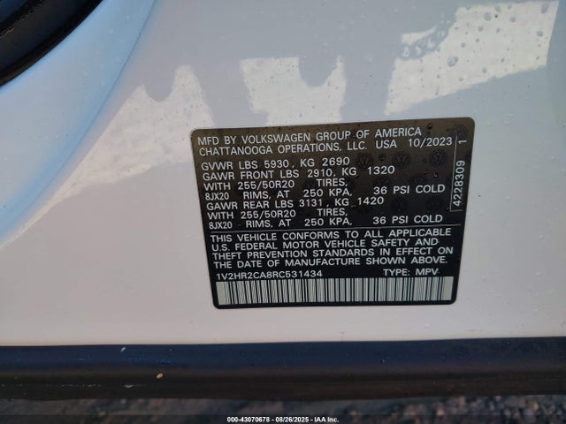 43070678 :رقم المزاد ، 1V2HR2CA8RC531434 vin ، 2024 Volkswagen Atlas 2.0t Se W/technology مزاد بيع