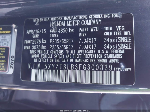 5XYZT3LB3FG300339 Hyundai dohc gdi theta ii