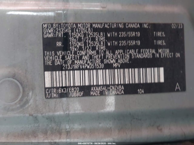 2T3J1RFV4PW351539 Toyota a25a-fks
