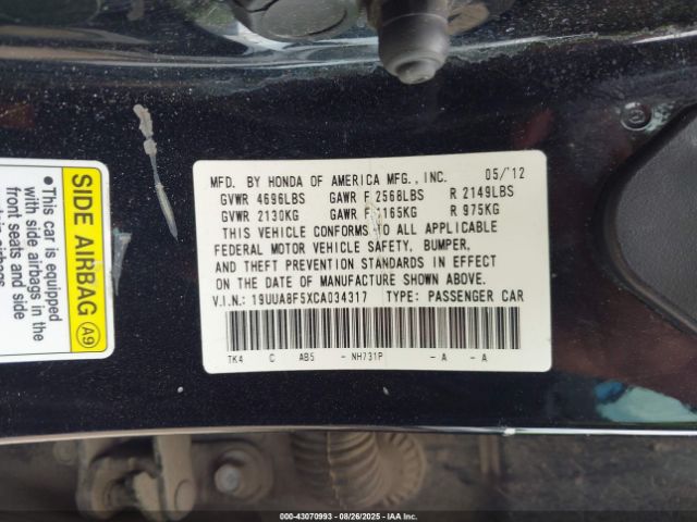 2012 ACURA TL 19UUA8F5XCA034317 Photo 8