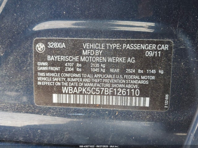 Aukcja sprzedaży 2011 Bmw 328i Xdrive, vin: WBAPK5C57BF126110, numer aukcji: 43071022