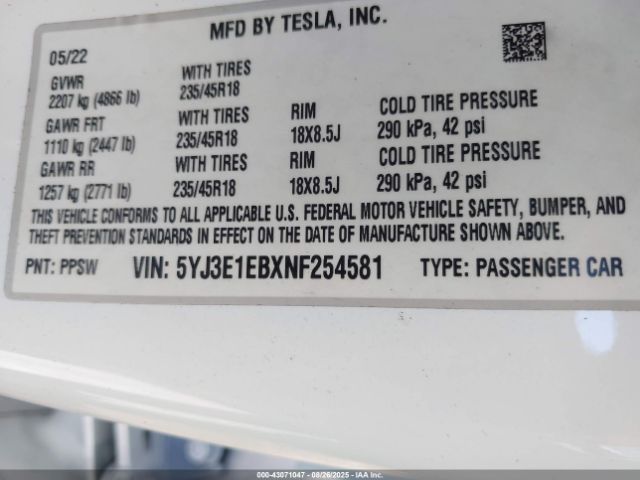 2022 TESLA MODEL 3 5YJ3E1EBXNF254581 Photo 8