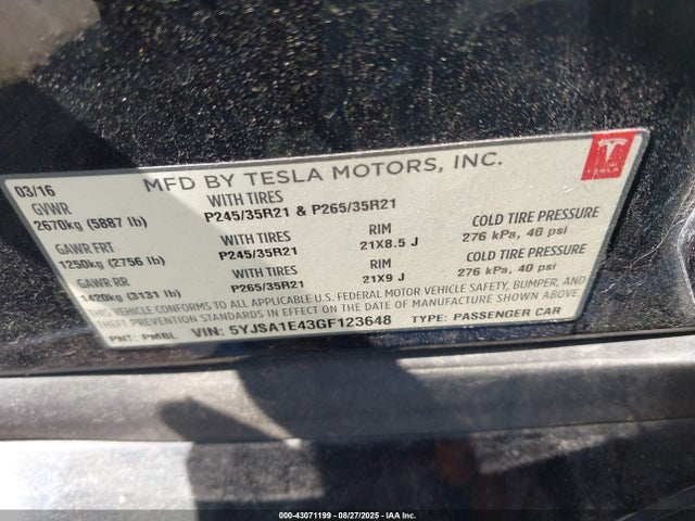 2016 TESLA MODEL S 5YJSA1E43GF123648 Photo 8