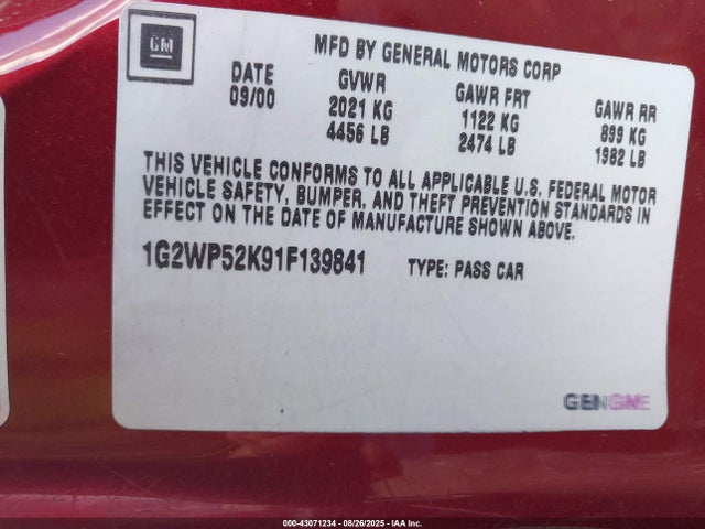Aukcja sprzedaży 2001 Pontiac Grand Prix Gt, vin: 1G2WP52K91F139841, numer aukcji: 43071234