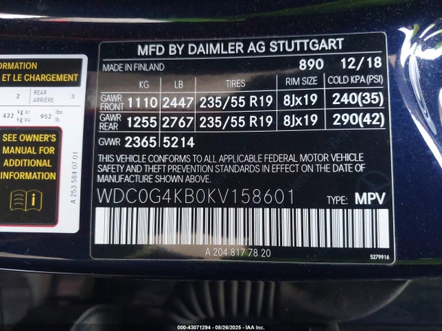 WDC0G4KB0KV158601 Mercedes-Benz m274