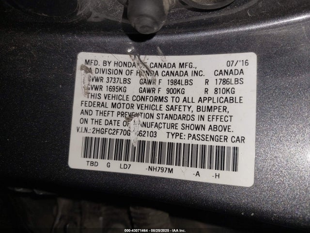 Honda k20c2 2016 2HGFC2F70GH562103 Image 9