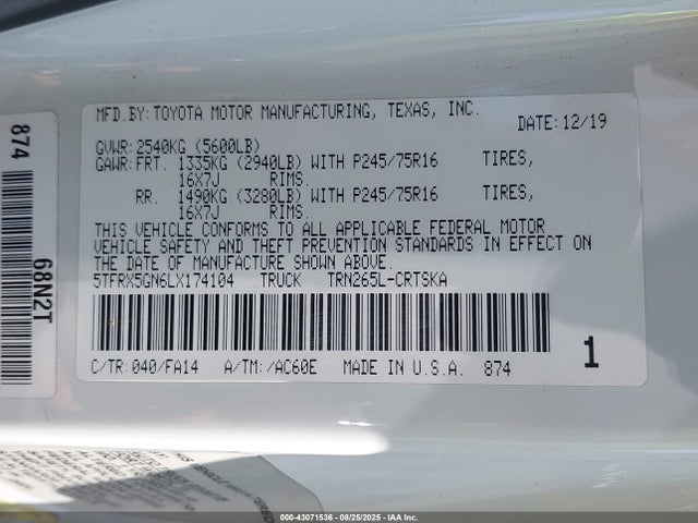 5TFRX5GN6LX174104 Toyota 2tr-fe