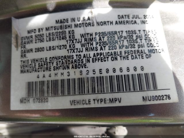 2005 MITSUBISHI ENDEAVOR 4A4MM31S25E006800 Photo 8