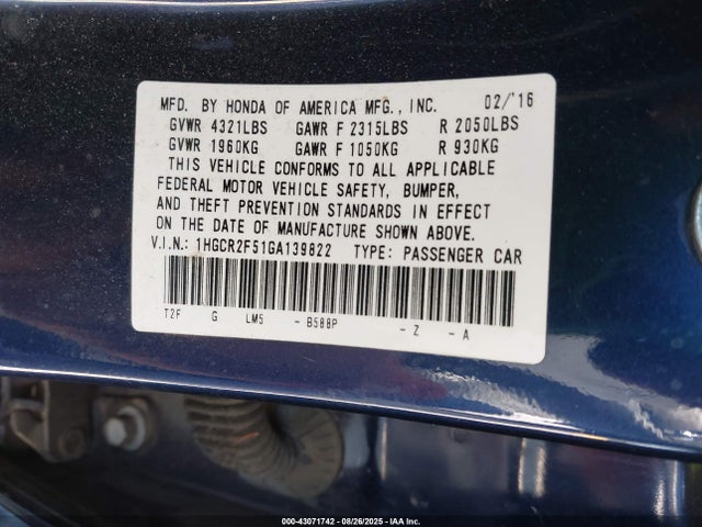 1HGCR2F51GA139822 Honda k24w1