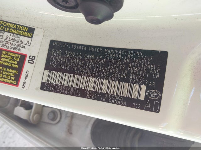2T1BURHE7JC020643 Toyota 2zr-fe