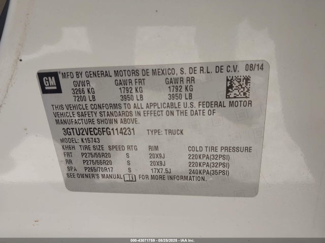 43071759 :رقم المزاد ، 3GTU2VEC6FG114231 vin ، 2015 Gmc Sierra 1500 Slt مزاد بيع