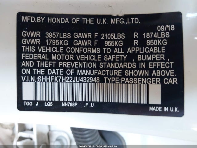 SHHFK7H22JU432948 Honda l15ba