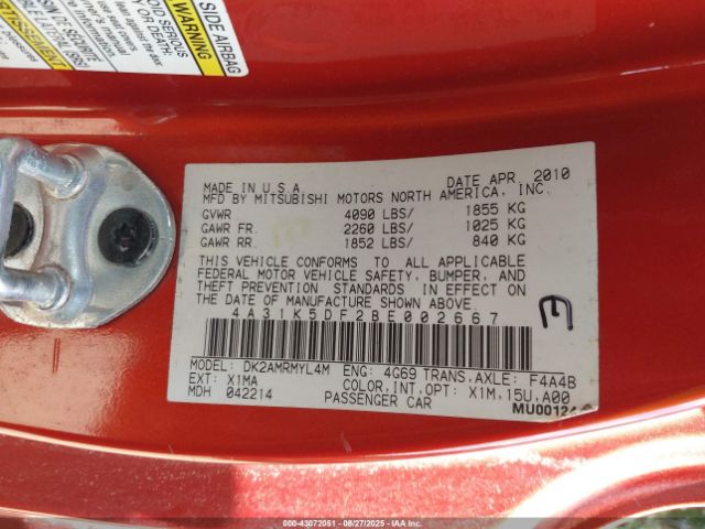 2011 MITSUBISHI ECLIPSE 4A31K5DF2BE002667 Photo 8