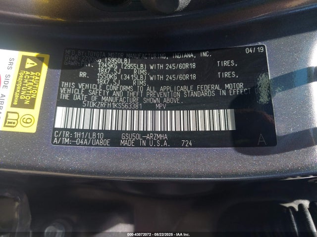 5TDKZRFH1KS563381 Toyota 2gr-fks