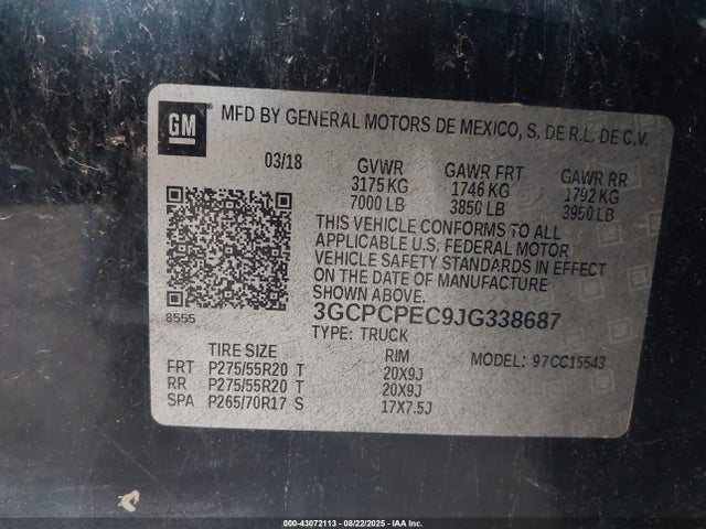 3GCPCPEC9JG338687 Chevrolet l83 - sidi: spark ignited direct injection, vvt: variable valve timing, afm, e85 max, alum
