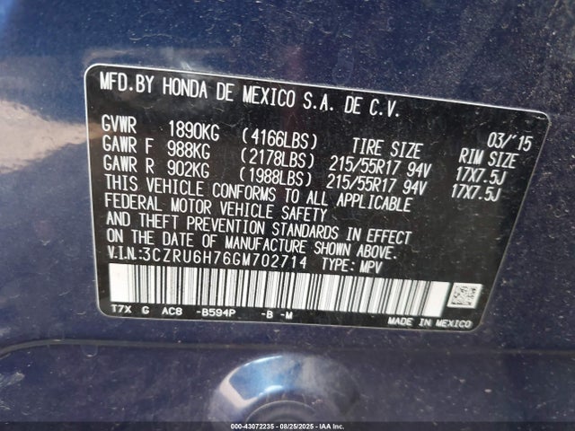3CZRU6H76GM702714 Honda r18z9