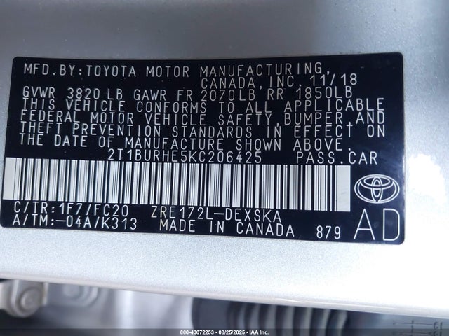 2T1BURHE5KC206425 Toyota 2zr-fe